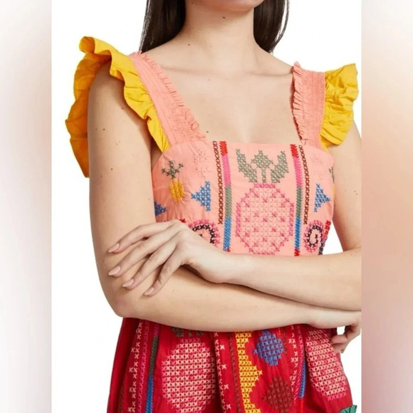 FARM RIO Cross-Stitch Tiered Cotton Minidress XS B1142 - Picture 4 of 7